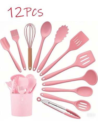 Silicone Cookware Set - 12 Piece Kitchen Accessories with Stainless Steel Handles, BPA Free Non-Toxic &amp; Heat Resistant Silicone Spatula Utensils for Non-Stick Cooking, Pink