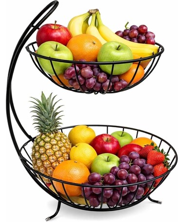 2&acirc;&euro;&lsquo;Tier Fruit &amp; Vegetable Storage Basket   Heavy Steel Kitchen &amp; Dining Counter Organizer   Durable Wire Rack for Fruits &amp; Veggies   Black