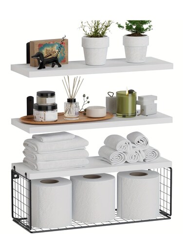 Floating Shelves for Wall - Set of 3 Hanging Wood Shelf Rustic Wooden Shelves with Metal Brackets Hanging Shelf Wall Organizers for HomebStorage Rack Wall Mount White