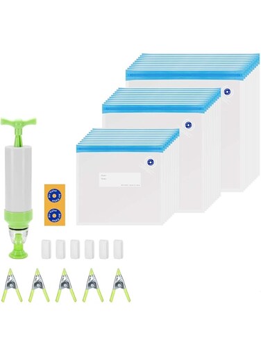 INKBIRD Sous Vide Bags 30 Reusable Vacuum Food Storage Bags 3 Sizes Sous Vide Bag Kit with 1 Hand Pump 5 Sous Vide Bag Clips and 6 Sealing Clips for Food Storage and Sous Vide Cooking Cooker