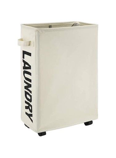 MIXDE Foldable Waterproof 22in Rolling Slim Tall Thin Dirty Laundry Hamper Basket Sorter and Organizer with Stand on Wheels (Beige)