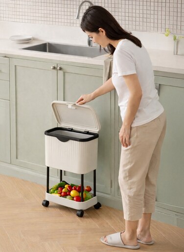 2-Layer Slim Kitchen Trash Can with Storage Shelf &amp; Wheels   Covered Garbage Bin Organizer with Sliding Lid   Narrow Wastebasket for Bathroom, Bedroom, Living Room &amp; Office