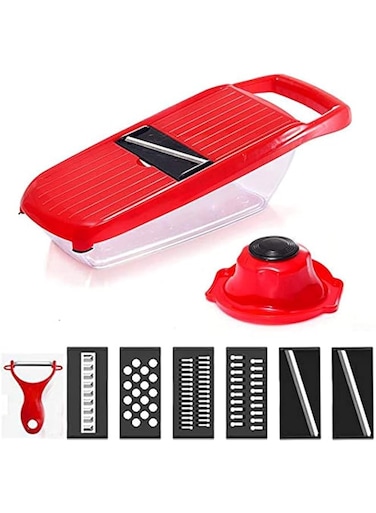 Multi-function Mandoline Slicer Dicer Vegetable Grater Cutter 6 In 1 Stainless Steel Blade Chopper with Peeler Hand Guard and Storage Container for Potato Tomato Carrot Onions Cucumber Cheese