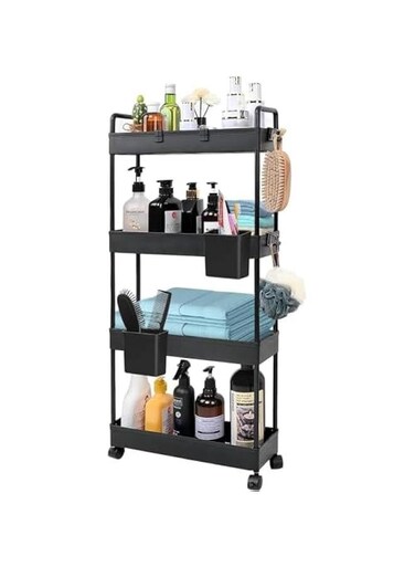 Rolling Storage Cart with Wheels,4 Tier Slim Rolling Storage Cart with 2 Hanging Cups, Mobile Shelving Unit&iuml;&frac14;&OElig;Bathroom Storage Organizer for Kitchen, Bedroom, Office,Laundry (Black Narrow &iuml;&frac14;&circ;4.9&acirc;&euro;&tilde;&acirc;&euro;&trade;&iuml;&frac14;&permil;)