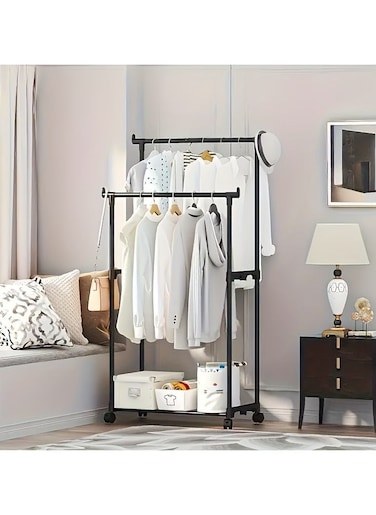 Double-Rail Clothes Rack｜Multifunctional Heavy-duty Clothes Rack｜Metal Freestanding Clothes Rail Garment｜with Lower Storage Shelf｜Hanging Rack Organizer for Bedroom｜Black
