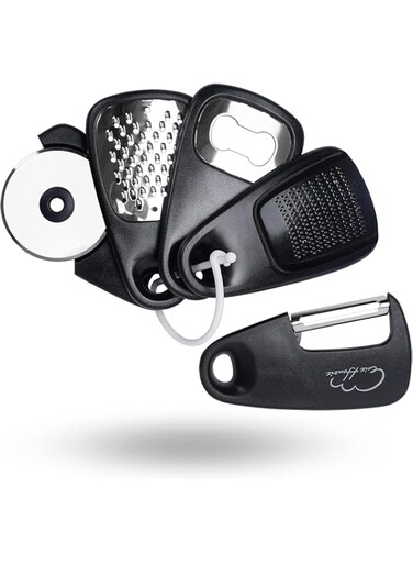 Kitchen Gadgets Set 5 Pieces, Space Saving Cooking Tools Kitchen Accessories - Fruit/Vegetable Peeler, Cheese/Chocolate Grater, Bottle Opener, Pizza Cutter, Garlic/Ginger Grinder Gift Set (Black)