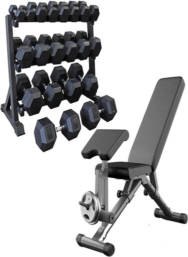Miracle Fitness Hex Dumbbell Set Combo Offer, Hex Dumbbell 2.5KG to 20KG Set with Rack, Adjustable Bench