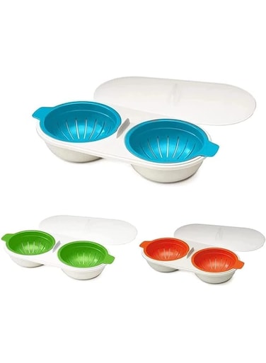 Melostu WWLUCKY Draining Egg Boiler for Microwave, Perfect Double Egg Poacher, Silicone Egg Boiler Cups, Double Egg Cups for Boiled Eggs, Draining Egg Boiler Set, Kitchen Cooking Gadget Tools, Blue