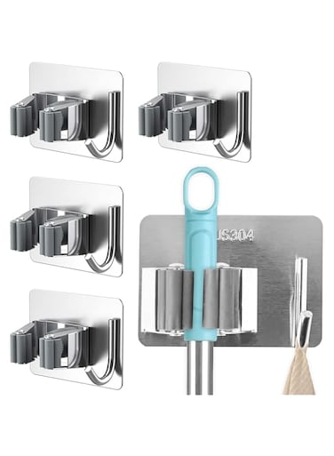 AMXGPT 4Pcs Broom and Mop Holder, Wall Mount Heavy Duty Stainless Steel Self Adhesive Anti-Slip Broom Holder Wall Mount, Mop Gripper for Kitchen Bathroom Closet Garden Garage