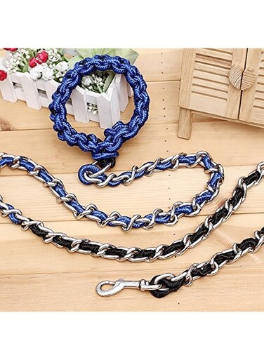 Anti-Bite Metal Traction Rope Chain Dog Leash, Small Size, Strong, Blue Color, for Golden Retriever, Samoyed, Husky