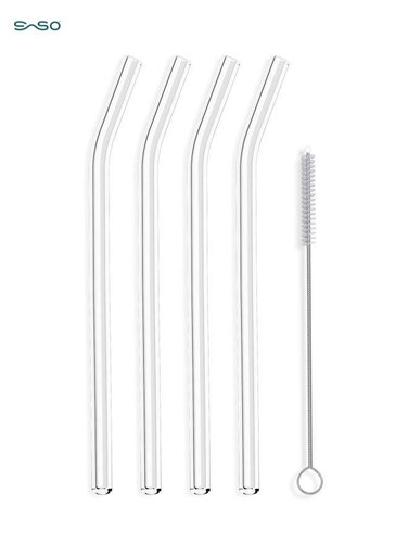 4 Pcs Reusable Clear Glass Straws with Cleaning Brush &acirc;&euro;&ldquo; Shatterproof, BPA-Free, Dishwasher Safe for Hot &amp; Cold Drinks