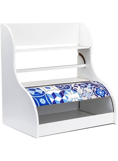 ANKA White Wooden Bread Box with Towel Holder   Bread Box Container with Roll-Top Lid   Wooden Kitchen Storage box - Blue Design