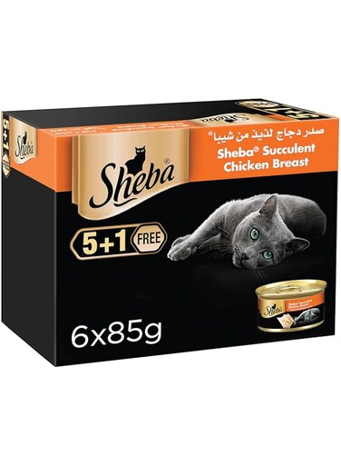 Sheba Cat Food Succulent Chicken Breast Can, from Natural-Chicken Plus Essential Vitamins and Minerals, this Wet-Food is Made with a Grain Free Formula Suitable for Sensitive Cats, Pack of 6x85g