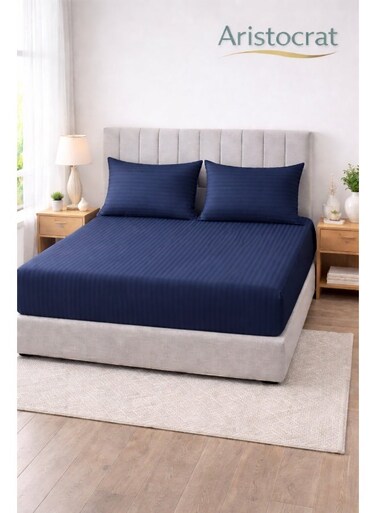 3-Piece Striped Microfiber Fitted Sheet Set King 180x200cm &acirc;&euro;&ldquo; Soft Elastic Deep Pocket 17cm Bedsheet with 2 Pillowcases 50x70cm, Royal Blue Microfiber Royal Blue 180X200+17cm