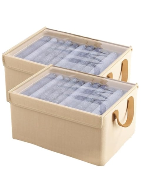 DESALOV Storage Bins for Shelves, Linen Closet Organizers and Storage Baskets with Metal Frame, Extra Large Storage Boxes for Wardrobe Shelf Laundry Room with Lid,2-Pack (Beige, 40 * 27 * 21cm)
