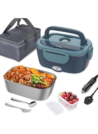 SPNOR Electric Lunch Box Food Heater, 2 in 1 Portable Heated Lunch Boxes Lunch for Adults, Office, Car Truck, Work, 1.5L Removable 304 Stainless Steel Container, with Fork &amp; Spoon Insulated Carry Bag
