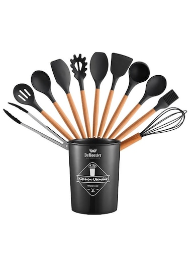 SAY SOMETHING Utensil Set (12 Pieces) for Kitchen with Holder Non-Stick Cooking Silicone Utensil Set with Wooden Handles, BPA-Free Food-Grade Kitchen Gadgets Tools for Nonstick Cookware