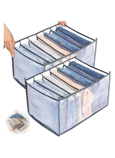 Wardrobe Clothes Organizer, 7 Grids Washable Foldable Clothes Organizer for Closet, Clothing Storage Bins, Drawer Mesh Separation Box for T-shirt, Legging, Skirts, Jeans, Kid Clothes (Gray, 2Pcs)