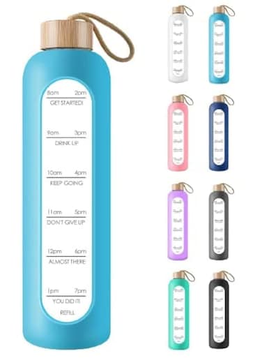 32 Oz Borosilicate Glass Water Bottle with Time Marker Reminder Quotes, Leak Proof Reusable BPA Free Motivational Water Bottle with Silicone Sleeve and Bamboo Lid