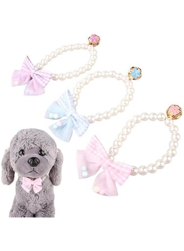 NALACAL Pet Collar, Pearl Necklace, Elastic Rope Collar Bow Pattern Pendant Collar Adjustable Necklace Accessories for Small Cats and Dogs, BLUE, PINK, PURPLE (3 PCS)