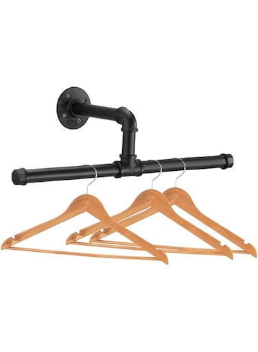 TERRIFI Industrial Pipe Floating Clothing Rack Wall Mounted, Heavy Duty Rustic Vintage Steel Black Metal Garment Bracket Frame, Commercial or Residential Wardrobe Clothes Display (1 Pack)