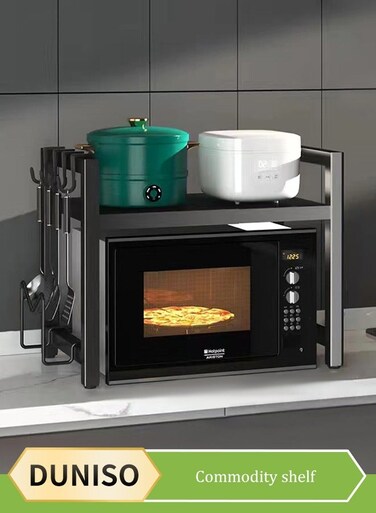 Microwave rack, expandable microwave rack, kitchen countertop toaster rack, kitchen storage rack, detachable, dirt and rust resistant, with 6 hooks and cutting board rack,black