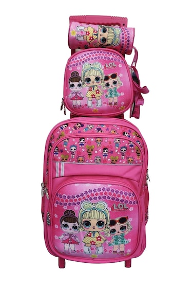 Cartoon Printed Kids School Trolley Backpack Set, 3 Pieces, 16.5 Inch Rolling Bag Lunch Box Pencil Case.Pink LOL Surprice