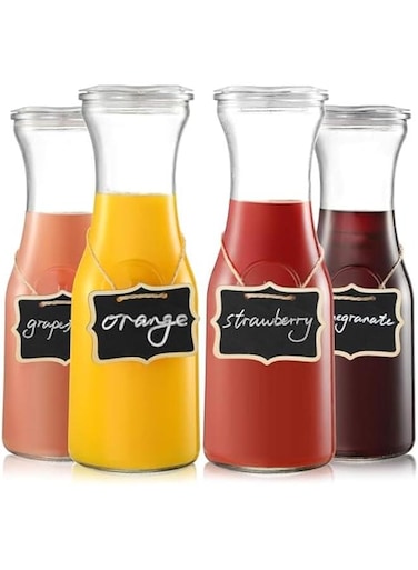 4 PACK Glass Carafe with Lid, 1 Liter Beverage Serveware Carafe, Clear Glass Pitcher for Mimosa Bar, Brunch, Cold Water, Juice, Milk, Iced Tea, Lemonade