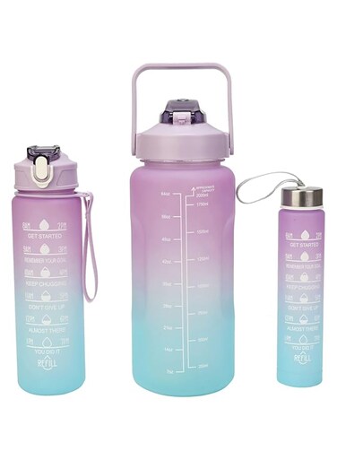 SYOSI 3 Pcs Sports Water Bottles, 64oz Large Sports Bottle with Straw 2L Motivational Water Bottle with Time Marker 64oz 32oz 16oz Frosted Water Bottles for Sports Gym Travel (Gradient Purple)