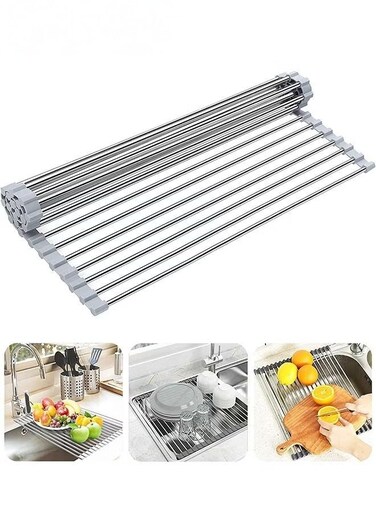 Dish Drying Rack,Roll Up Sink Dish Drainer Rack,Over The Sink Dish Drying Rack, Foldable Sink Rack,Stainless Steel Wire Dish Drying Rack For Kitchen Sink Counter,Washing Dish Rack,Gray 47x35cm