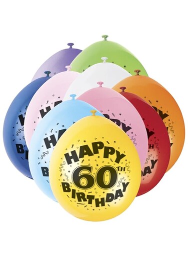 Unique Party 80315 - 9" Latex Assorted Happy 60th Birthday Balloons, Pack of 10