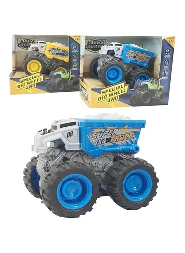MACMERISE Galaxy Friction Truck - 12 cm Assorted Set   Pull-Back Powered Trucks   Special Big Wheel 4WD Series   Yellow and Blue Trucks   Durable Plastic   Kids Vehicle Toy