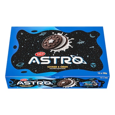 Tiffany Astro Cookies and Cream Filled Sandwich Biscuits, 36g Pack of 12