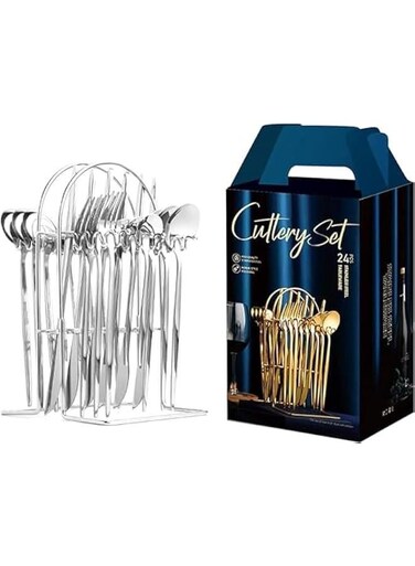 Silverware Set,Tableware,24 Piece Flatware Set With Stand,Stainless Steel Kitchen Utensils Set for 6,Mirror Polished Cutlery Set,Spoon and Fork Set Knife Silverware(Silver)