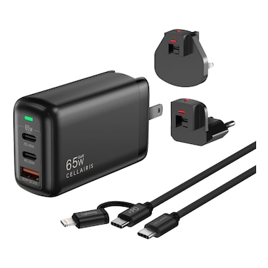 Cellairis GaN Adapter Black 65W with 2-in-1 Charging Cable Black