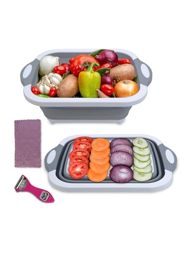 Collapsible Cutting Board tub, Space Saving Multifunctional Chopping Board, Fruit &amp; Vegetable Containers Basket, Washing Drain Basket for Camping, Picnic, Kitchen, bbq Grey &amp; White