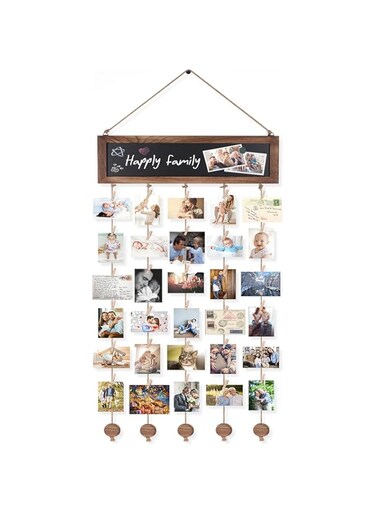 X spring Wood Photo Board with Clips, Multi Pictures Organizer with Retro Chalkboard and 30 Clips, Hanging Display Picture Board, Photo Frame Collage Photo Display for Room Wall Decoration