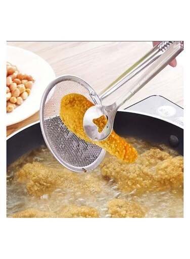 Stainless Steel Oil Draining Clamp with Built-in Sieve &acirc;&euro;&ldquo; Multipurpose Kitchen Strainer Tong for Frying and Cooking, Food-Safe Material, Ergonomic Handle, Fits All Pots and Pans, Reduces Grease, Easy to Clean, Heavy-Duty Food Prep Tool