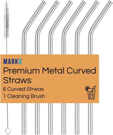 Stainless Steel Straw Set &acirc;&euro;&ldquo; 6 Curved Metal Drinking Straws with Cleaning Brush, Reusable Straws for Hot and Cold Beverages, Smoothies, Coffee, Tea, Juices, Pack of 2