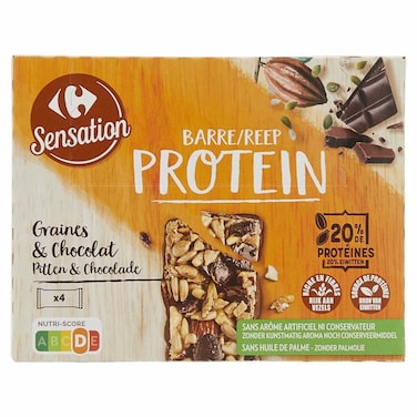 Carrefour Sensation Protein Seed and Dark Chocolate Cereal Bars, 32g, Pack of 4