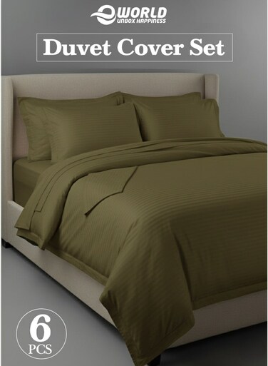 Premium Striped Duvet Set All Season &acirc;&euro;&ldquo; 6-Pieces Set Olive Green   King Size 220x240 cm   Ultra-Soft, Wrinkle-Resistant &amp; Made in Dubai   Includes Duvet Cover, Fitted Sheet (200x200 cm) &amp; 4 Pillowcases (50x70 cm)