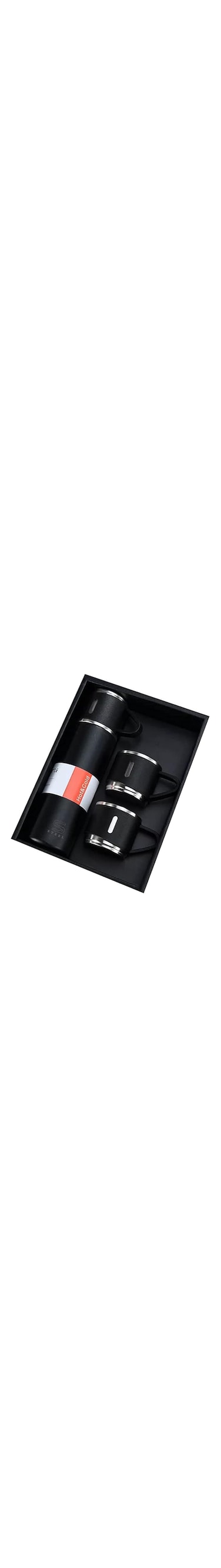 [steel Luxurious gift package] Double-wall stainless steel vacuum thermos flask with Silicone Handle and Insulated lid set with 2 stainless steel cups for hot and cold beverages (BLACK)