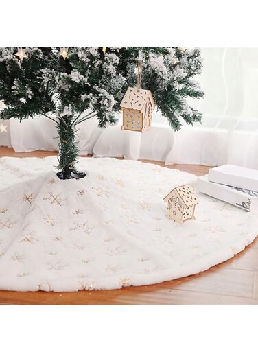 Lurowo Christmas Tree Skirt, 48 Inches Snowy White Faux Fur Plush Tree Mat with Embroidered Snowflake, Xmas Tree Skirts For Holiday Christmas Decorations (gold)