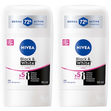 NIVEA Black &amp; White Invisible Antiperspirant Deodorant Stick for Women, Clear, 72H Active Protection, 50ml, Pack of 2