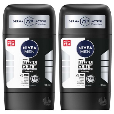 NIVEA MEN Black &amp; White Invisible Antiperspirant Deodorant Stick, Original, 72H Active Protection, 50ml, Pack of 2