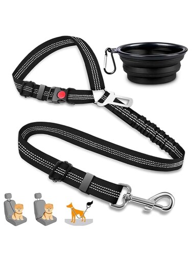 Goodern Adjustable Dog Seat Belt Harness for Car with Folding Bowl,Removable Pet Seatbelt Leash for Travel,Retractable Restraint Secures to Vehicle Headrest Elastic,Reflective Bungee Tether-Black