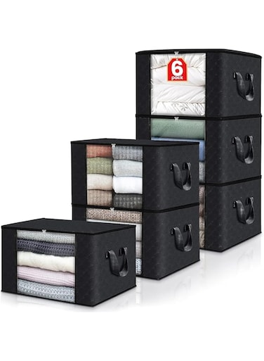 Lomeshow Clothes Storage, Foldable Large Blanket Storage Bags with Sturdy Zipper, Storage and Organization for Clothing, Blanket, Comforters, Bed Sheets, Pillows,Toys, Clear Window, 60L 6 Pack (Black)