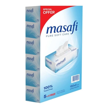 مسافي بيور سوفت علب مناديل الوجه للعناية باللون الأبيض بطبقتين 150 منديل حزمة من 6