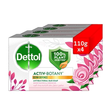Dettol Activ-Botany Bar Soap, Rosewater &amp; Hibiscus Scent, 110g Pack of 4