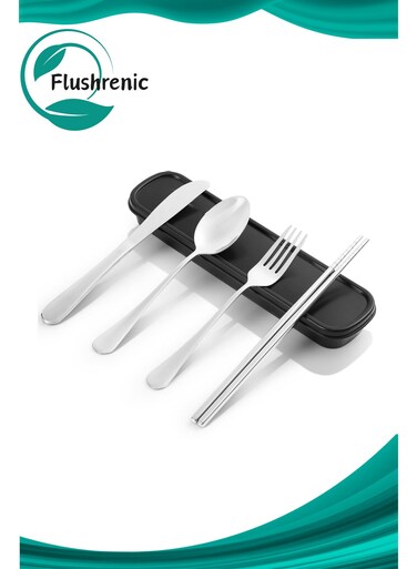 Stainless Steel Cutlery Set, 5-Piece Travel Set with Storage Case, Portable Cutlery Set, Reusable Stainless Steel Travel Cutlery Set, Suitable for Picnics, Camping and Outdoor Use (Silver)